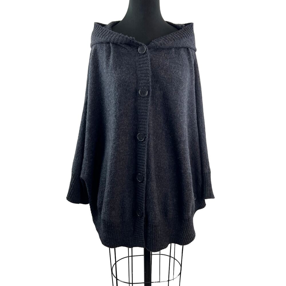 Marina Luna Gray Poncho Sweater Wool Ribbed Hooded Button Front Size Medium M